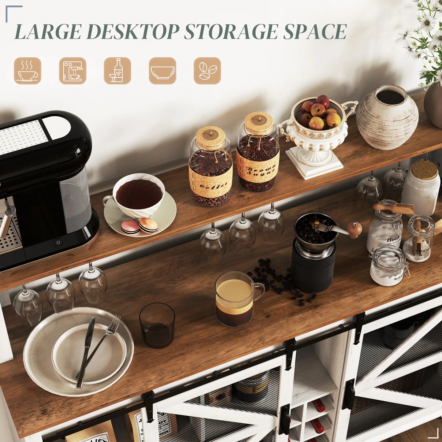 Farmhouse LED Coffee Bar Cabinet With Wine Rack
