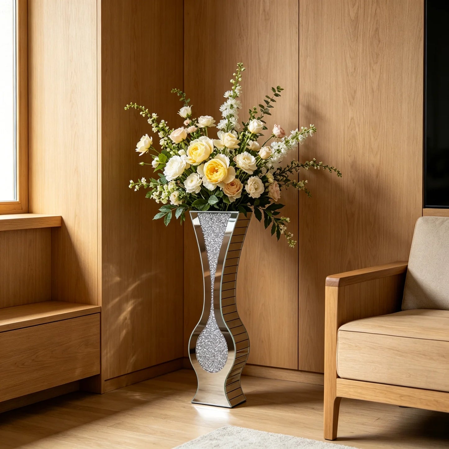 Various Styles, Crushed Diamond Mirrored tall Vase. Home Decor for Living Room Bedroom