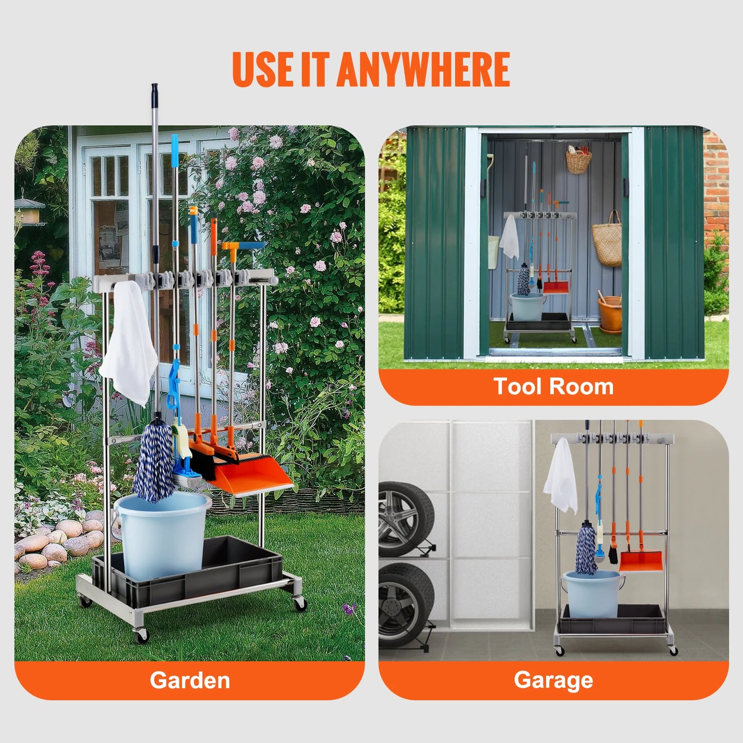 Garden Tool Organizer. Yard Tool Tower Rack 10 Slots with Hook & Wheels, Broom Storage for Garage Outdoor Organization