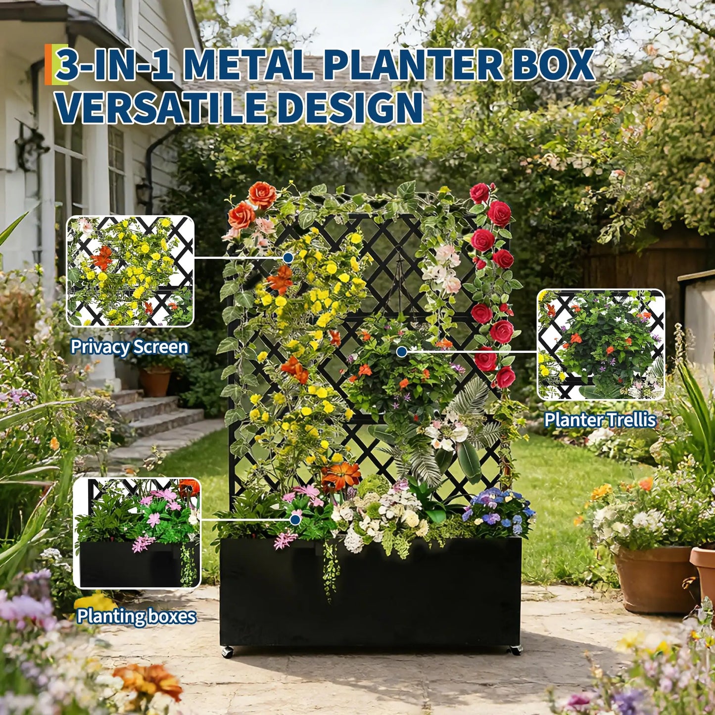 Galvanized Steel Raised Garden Bed With Trellis Privacy Screen, Locking Wheels & Drainage, Rolling Planter For Patio Deck Yard