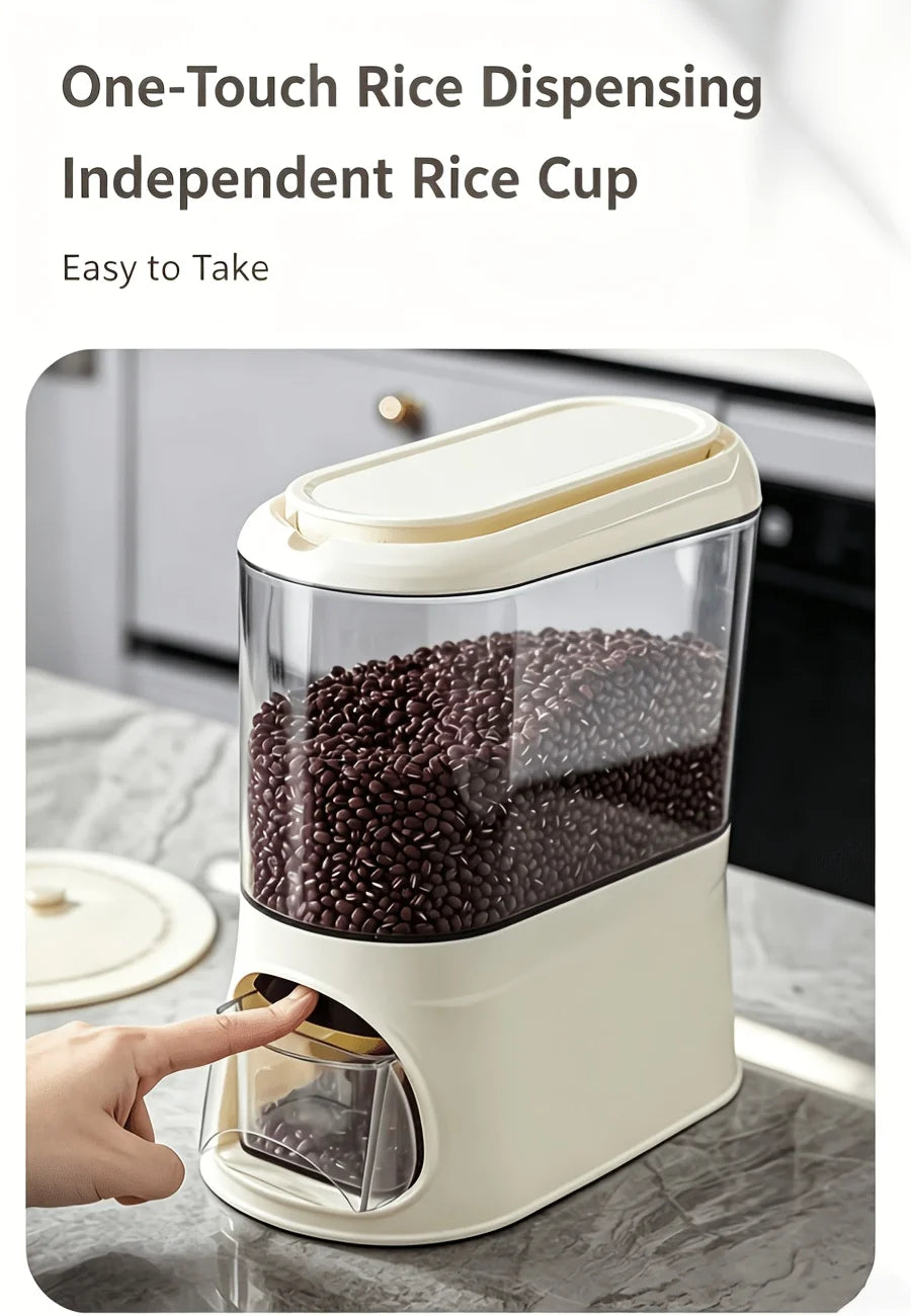 Button-operated automatic rice dispenser with a sealed lid and removable measuring cup, transparent dry food storage container, compact vertical countertop cereal jar, available in white/black/green, suitable for storing bean