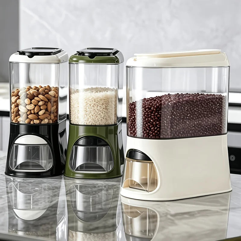 Button-operated automatic rice dispenser with a sealed lid and removable measuring cup, transparent dry food storage container, compact vertical countertop cereal jar, available in white/black/green, suitable for storing bean