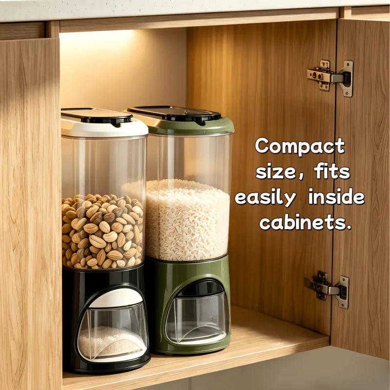 Button-operated automatic rice dispenser with a sealed lid and removable measuring cup, transparent dry food storage container, compact vertical countertop cereal jar, available in white/black/green, suitable for storing bean