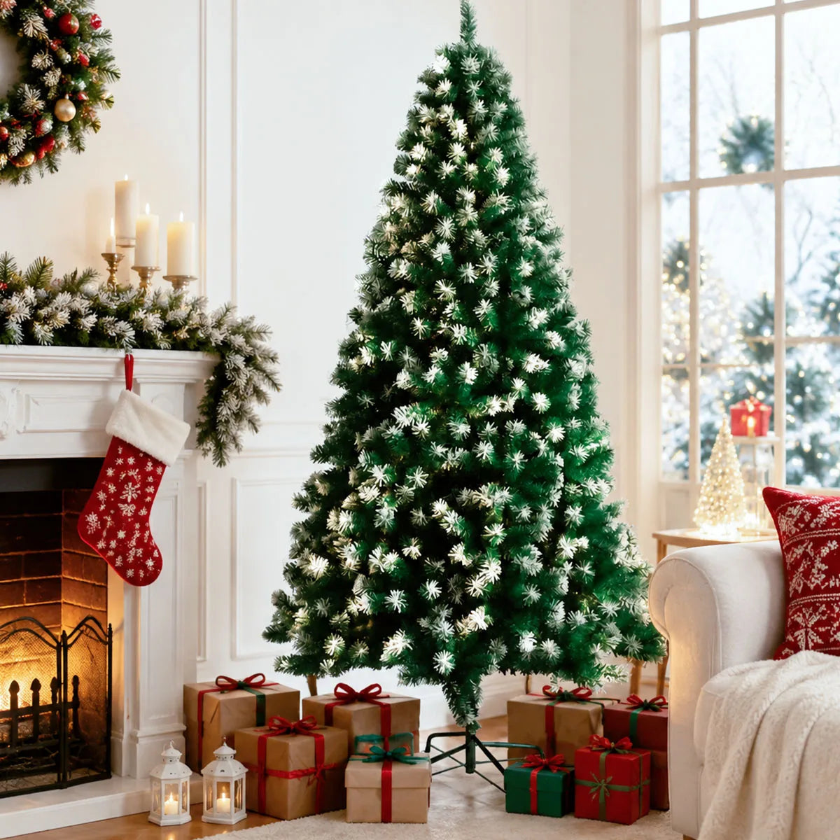 Artificial Frosted Pine Christmas Tree With Metal Base