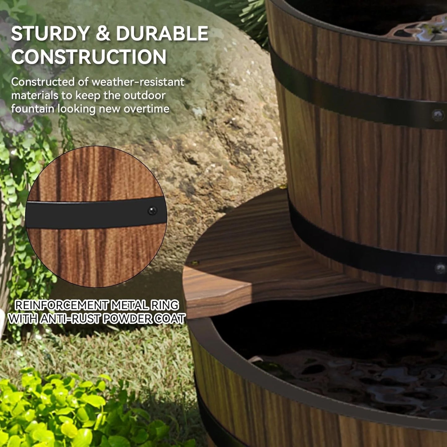Nordivale Two Tier Outdoor Wood Barrel Fountain