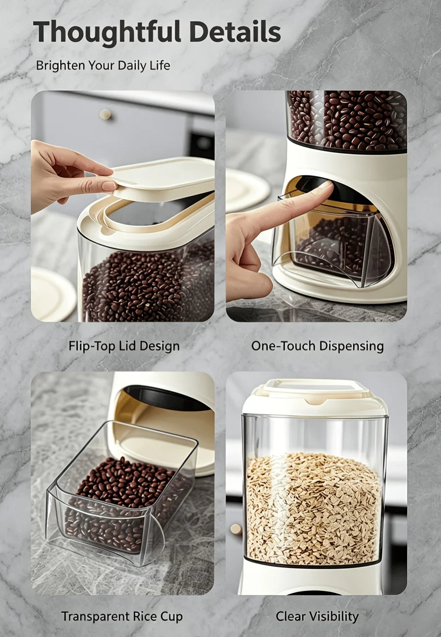 Button-operated automatic rice dispenser with a sealed lid and removable measuring cup, transparent dry food storage container, compact vertical countertop cereal jar, available in white/black/green, suitable for storing bean