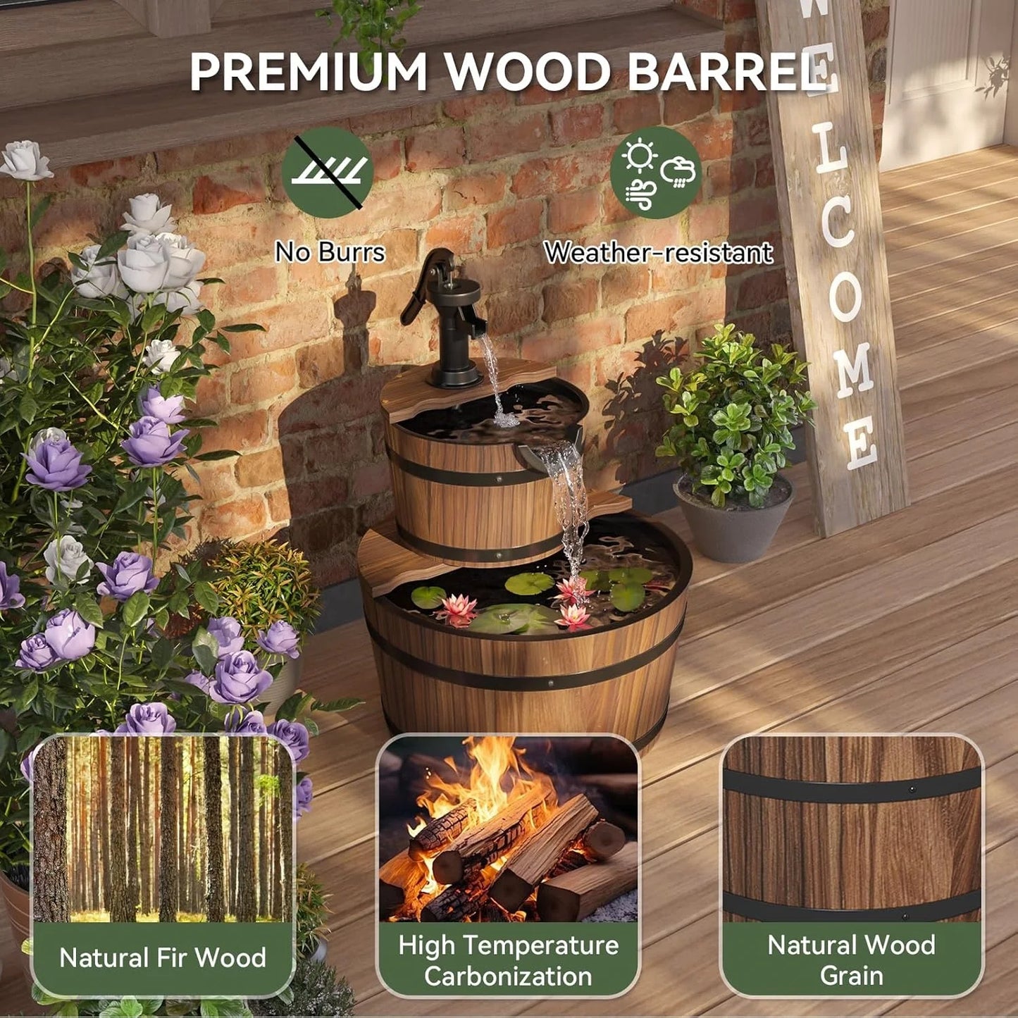 Nordivale Two Tier Outdoor Wood Barrel Fountain