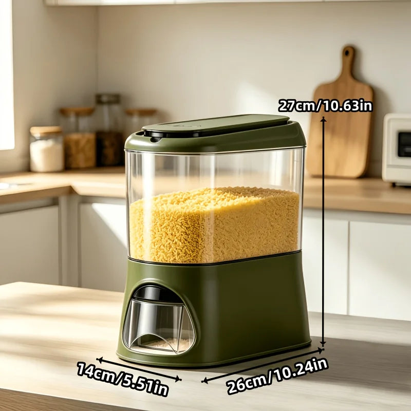 Button-operated automatic rice dispenser with a sealed lid and removable measuring cup, transparent dry food storage container, compact vertical countertop cereal jar, available in white/black/green, suitable for storing bean