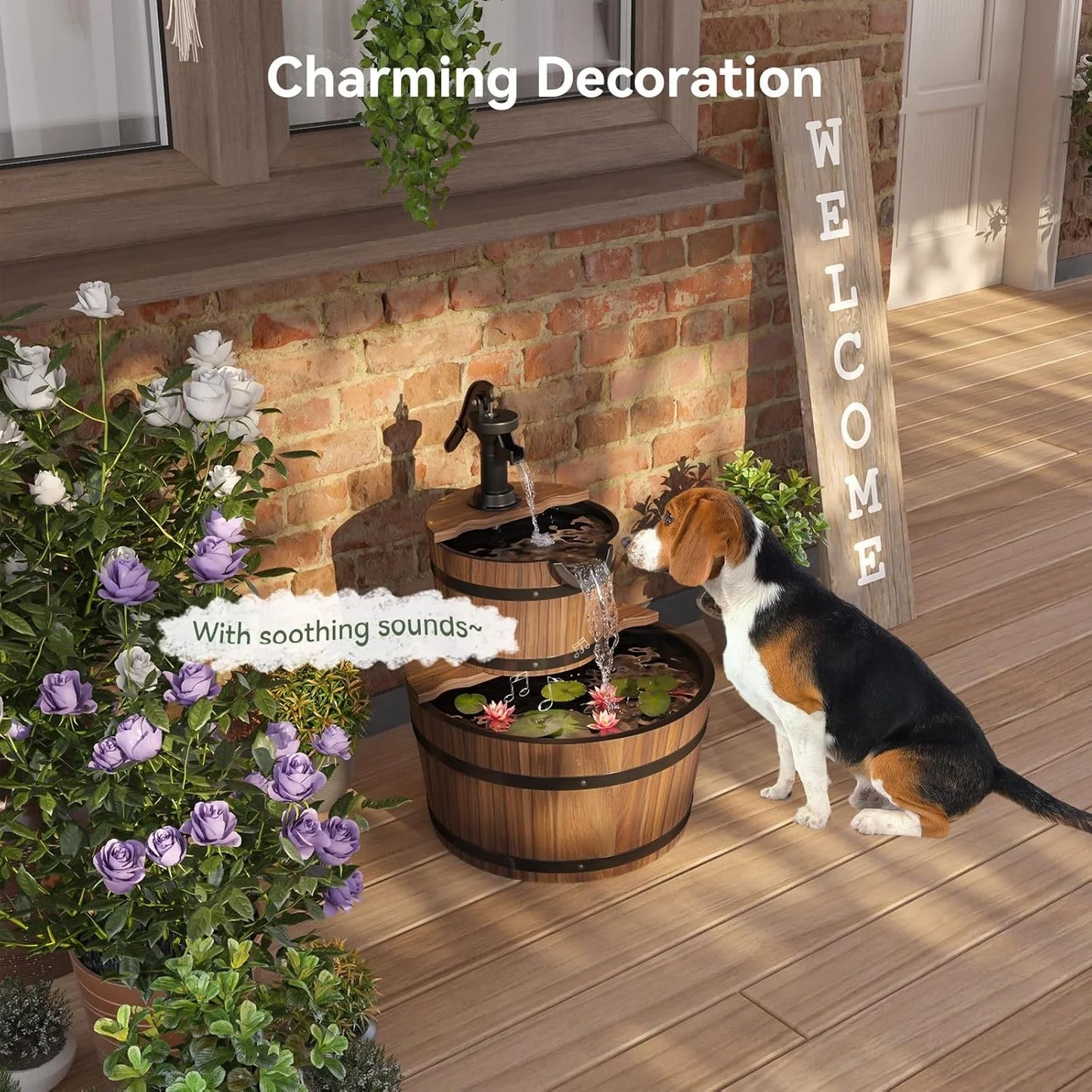 Nordivale Two Tier Outdoor Wood Barrel Fountain
