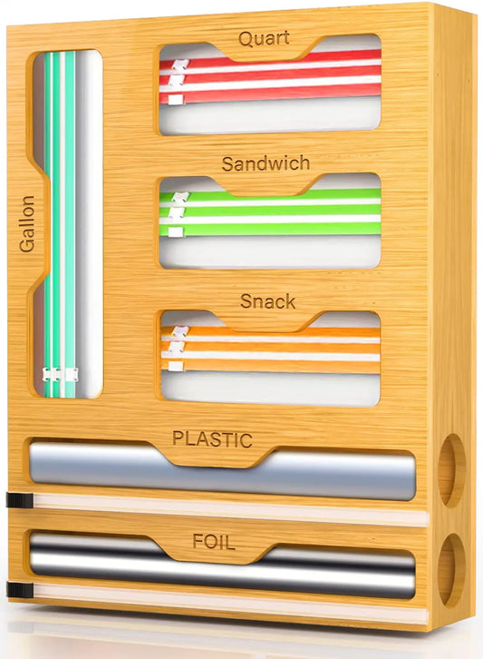 Bamboo Food Bag And Wrap Organizer With Cutter