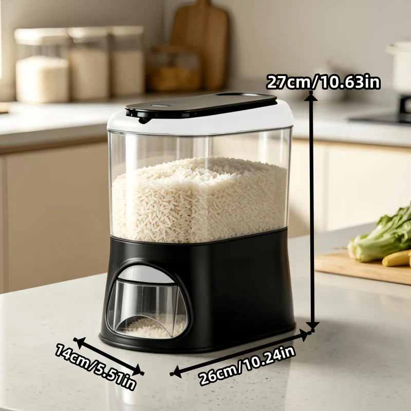 Button-operated automatic rice dispenser with a sealed lid and removable measuring cup, transparent dry food storage container, compact vertical countertop cereal jar, available in white/black/green, suitable for storing bean
