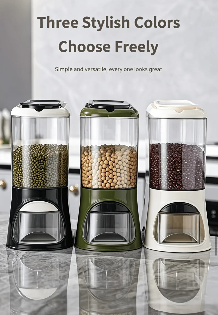 Button-operated automatic rice dispenser with a sealed lid and removable measuring cup, transparent dry food storage container, compact vertical countertop cereal jar, available in white/black/green, suitable for storing bean