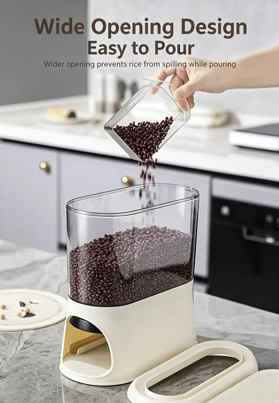 Button-operated automatic rice dispenser with a sealed lid and removable measuring cup, transparent dry food storage container, compact vertical countertop cereal jar, available in white/black/green, suitable for storing bean