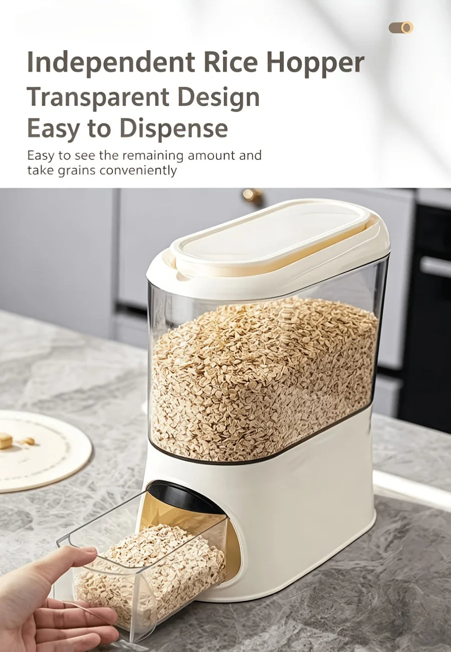 Button-operated automatic rice dispenser with a sealed lid and removable measuring cup, transparent dry food storage container, compact vertical countertop cereal jar, available in white/black/green, suitable for storing bean