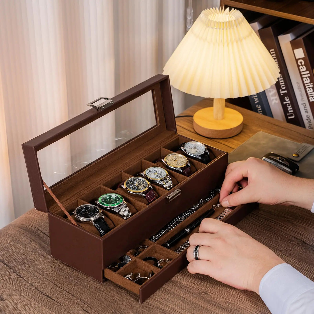 Two Layer Watch Display Case With Storage Drawer
