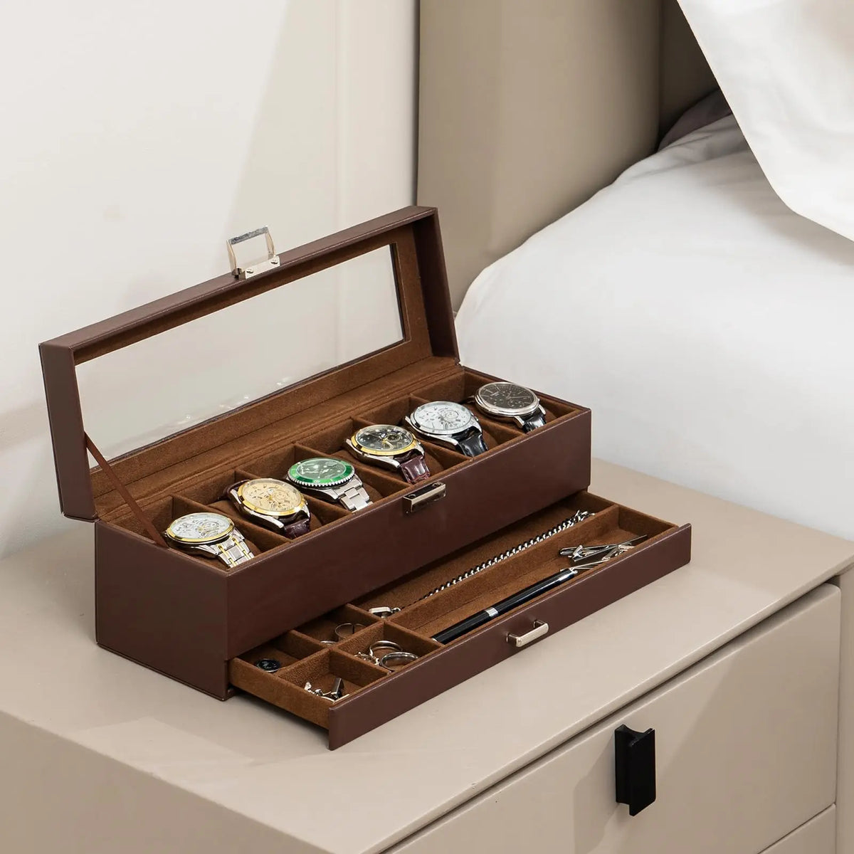 Two Layer Watch Display Case With Storage Drawer