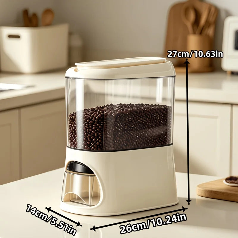 Button-operated automatic rice dispenser with a sealed lid and removable measuring cup, transparent dry food storage container, compact vertical countertop cereal jar, available in white/black/green, suitable for storing bean