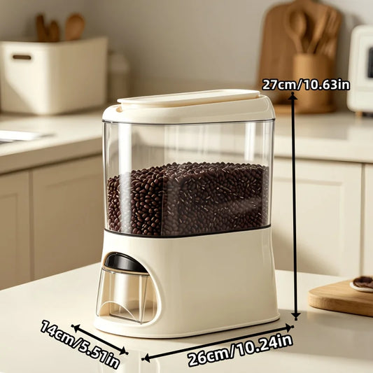 Button-operated automatic rice dispenser with a sealed lid and removable measuring cup, transparent dry food storage container, compact vertical countertop cereal jar, available in white/black/green, suitable for storing bean