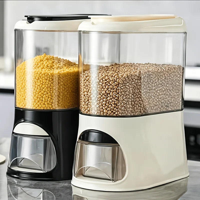 Button-operated automatic rice dispenser with a sealed lid and removable measuring cup, transparent dry food storage container, compact vertical countertop cereal jar, available in white/black/green, suitable for storing bean