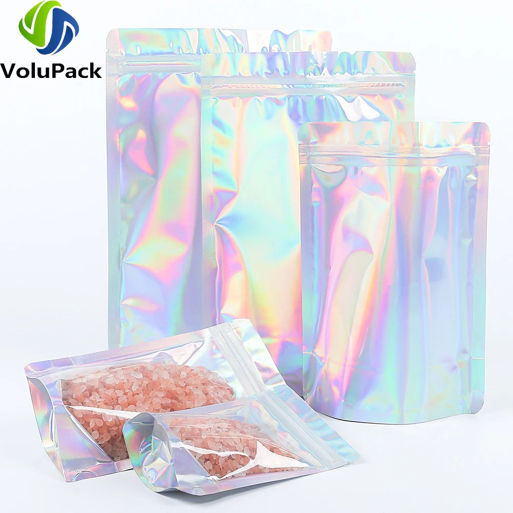 100PCS Smell Proof Plastic Package Ziplock Bags. Clear Front Holographic Silver . Pouches Recyclable. Metallic Mylar Storage Bags