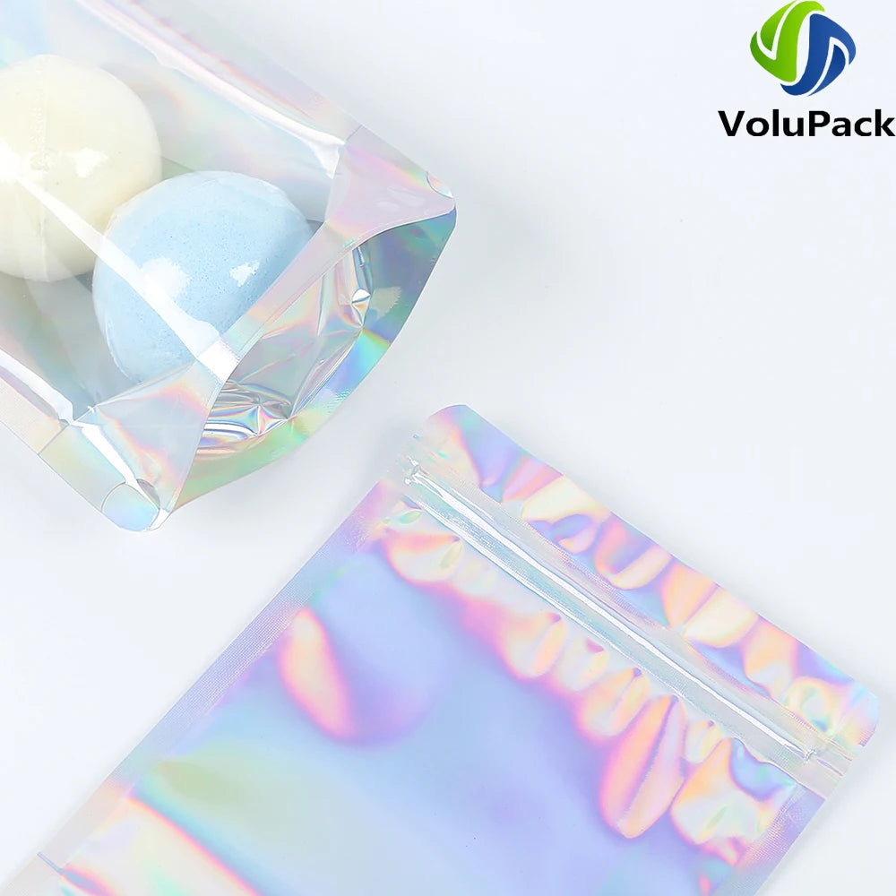 100PCS Smell Proof Plastic Package Ziplock Bags. Clear Front Holographic Silver . Pouches Recyclable. Metallic Mylar Storage Bags