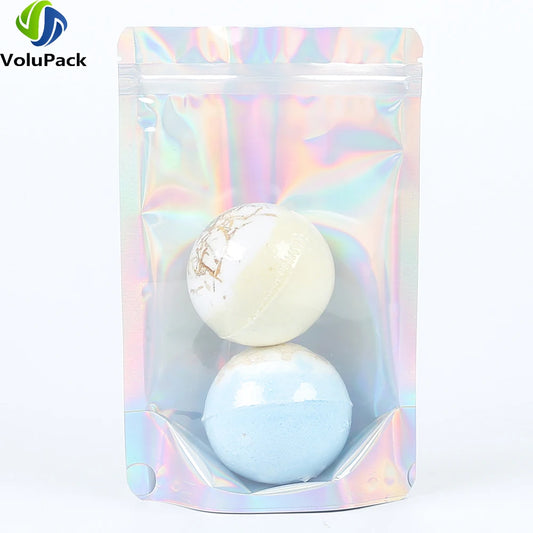 100PCS Smell Proof Plastic Package Ziplock Bags. Clear Front Holographic Silver . Pouches Recyclable. Metallic Mylar Storage Bags