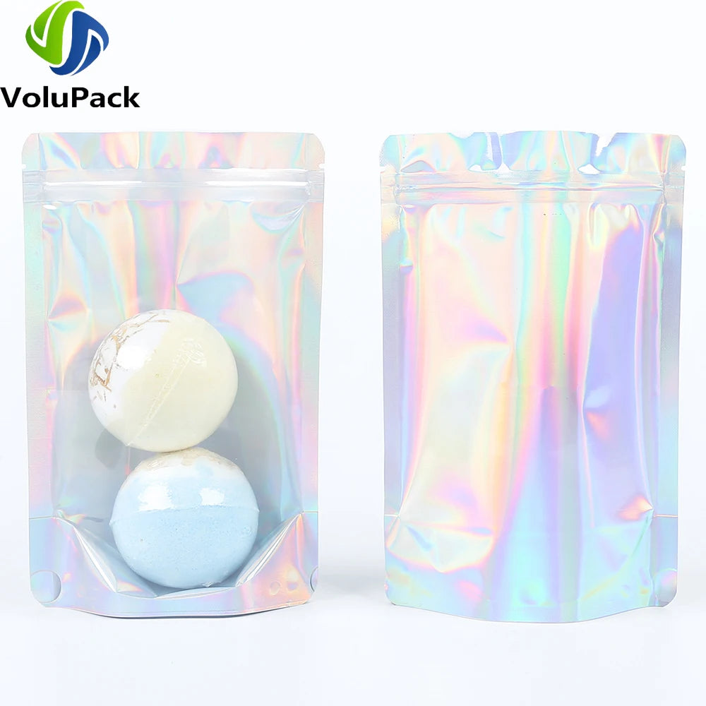 100PCS Smell Proof Plastic Package Ziplock Bags. Clear Front Holographic Silver . Pouches Recyclable. Metallic Mylar Storage Bags