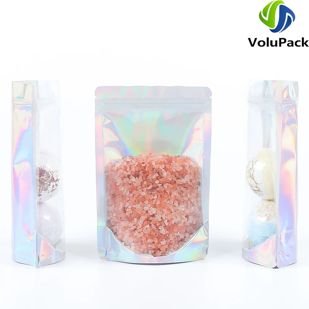 100PCS Smell Proof Plastic Package Ziplock Bags. Clear Front Holographic Silver . Pouches Recyclable. Metallic Mylar Storage Bags
