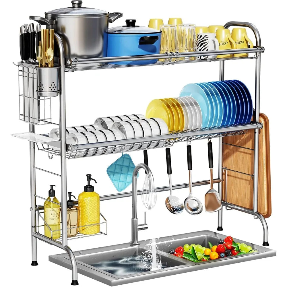 Two Tier Over Sink Dish Drying Rack with Utensil Holder Large Kitchen Counter Storage