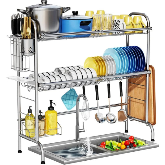 Two Tier Over Sink Dish Drying Rack with Utensil Holder Large Kitchen Counter Storage