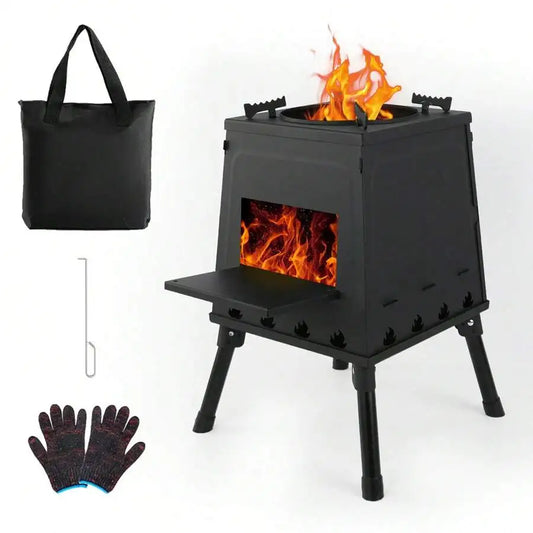 Wood Burning Camp Stove, Portable Cast Iron Camping Wood Stove, Black Woodstove With Carrying Case For Backpacking Outdoor Cooki