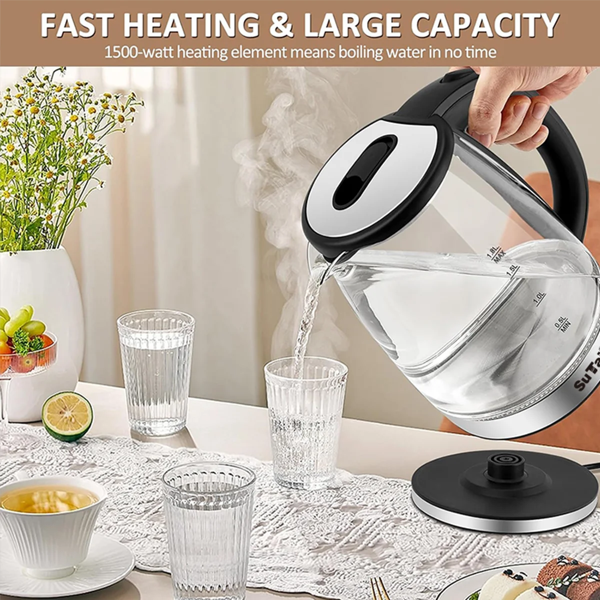 1000W Electric Glass Kettle With Stainless Steel