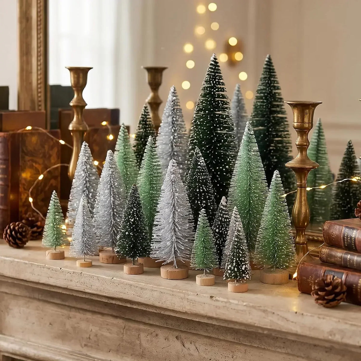 Artificial Christmas Bottle Brush Trees With Wooden Base