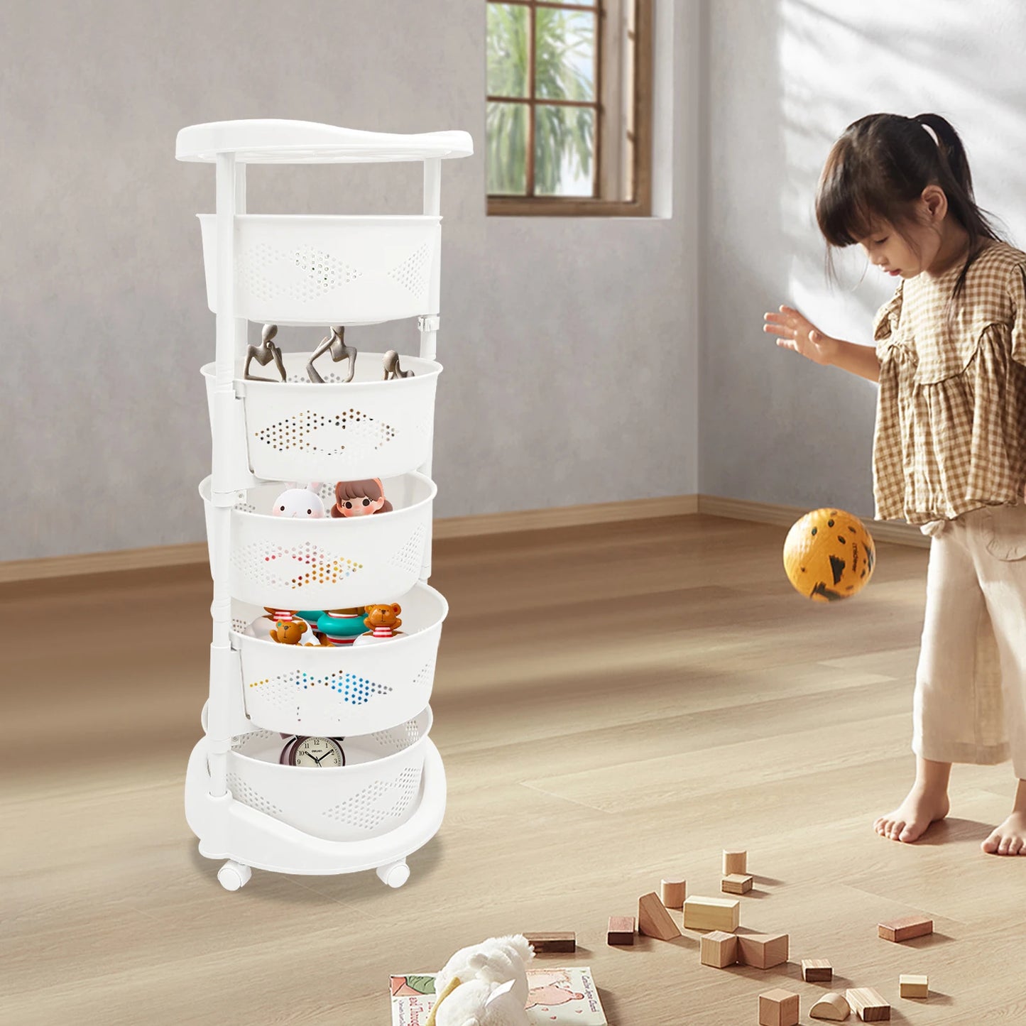 5 Layer Kitchen Rotating Storage Tower Organizer Rack Rolling Fruit Vegetable Storage Cart Basket White With Wheels