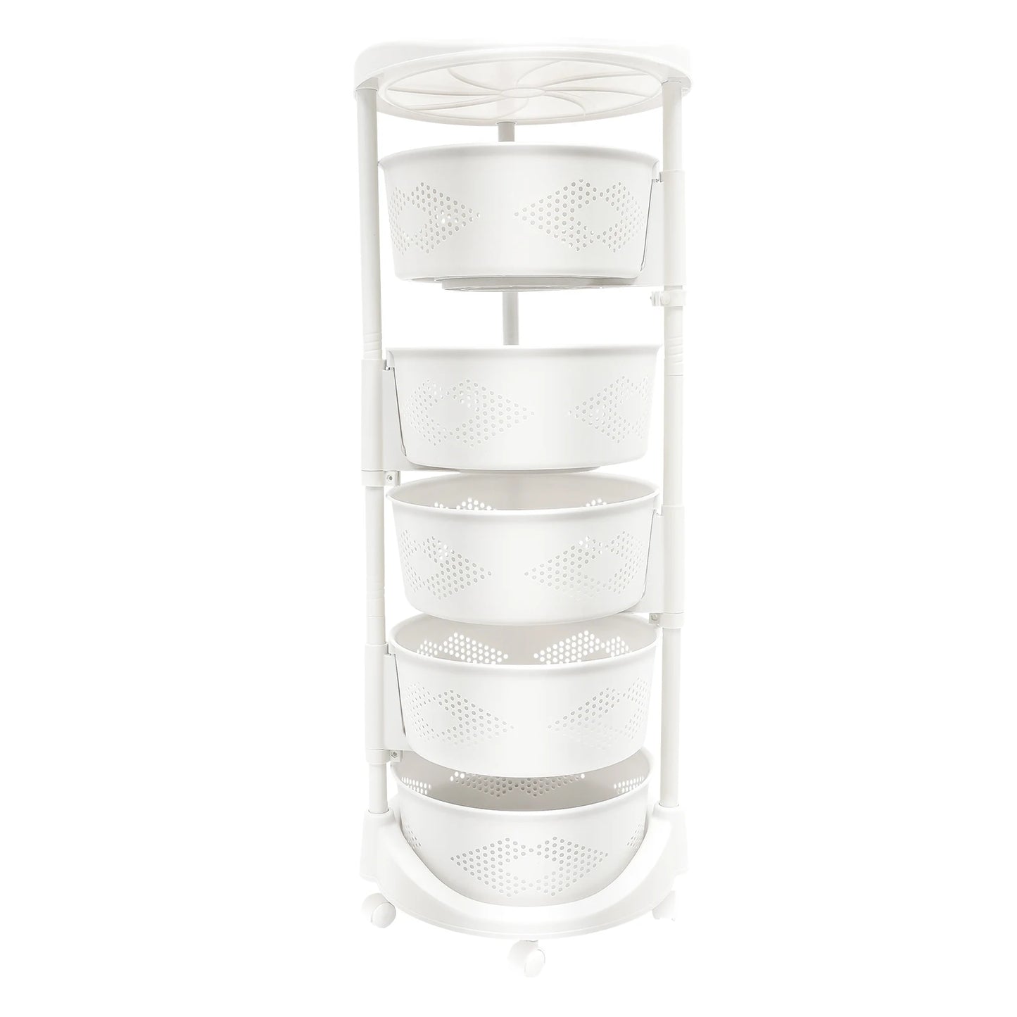5 Layer Kitchen Rotating Storage Tower Organizer Rack Rolling Fruit Vegetable Storage Cart Basket White With Wheels