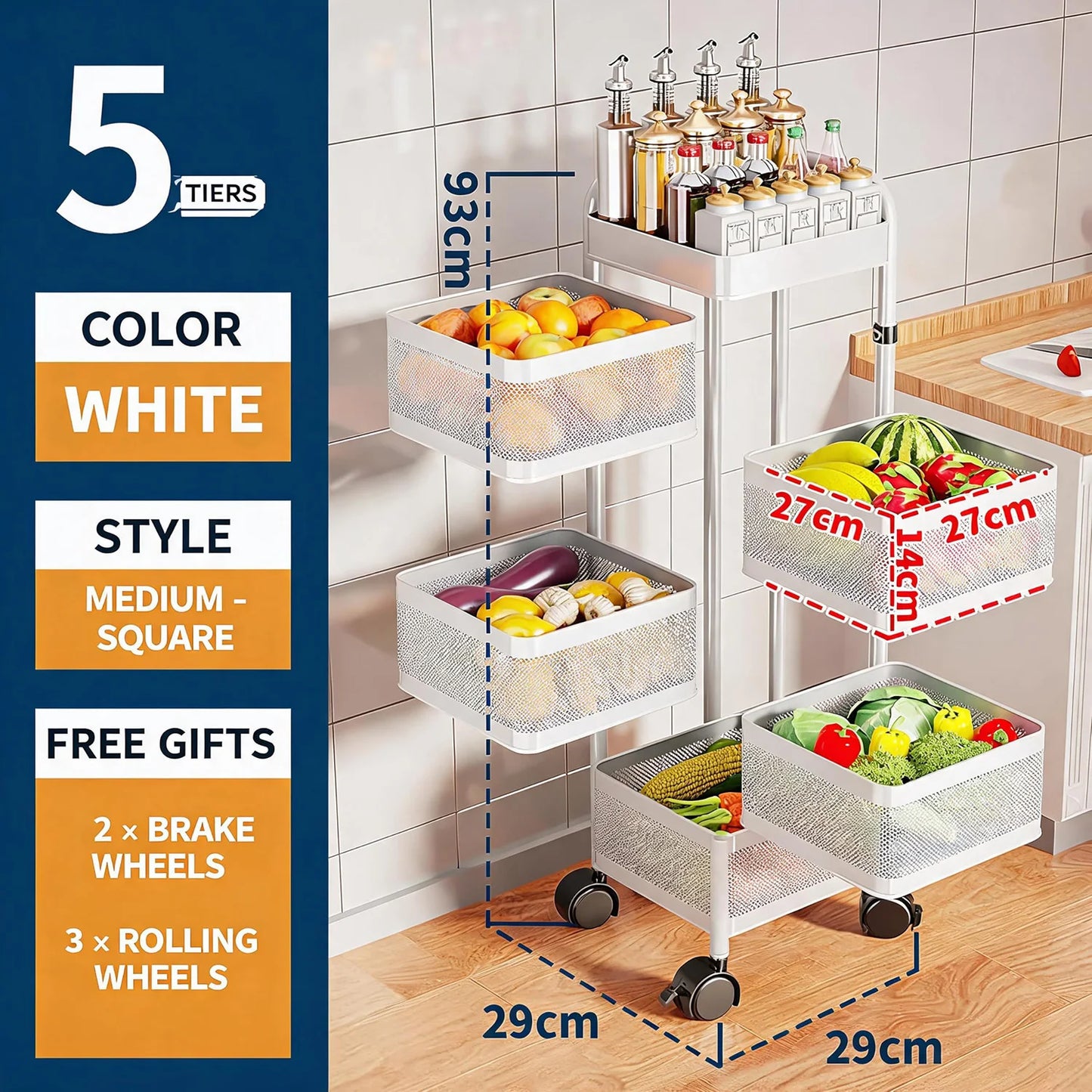 4/5-Tier Thickened Carbon Steel Rotating Storage Cart With Wheels, Mobile Produce Basket Utility Rack Organizer, No Assembly