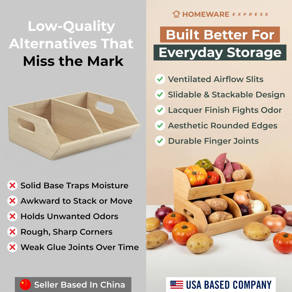 Bamboo Potato And Onion Storage Bin Organizer