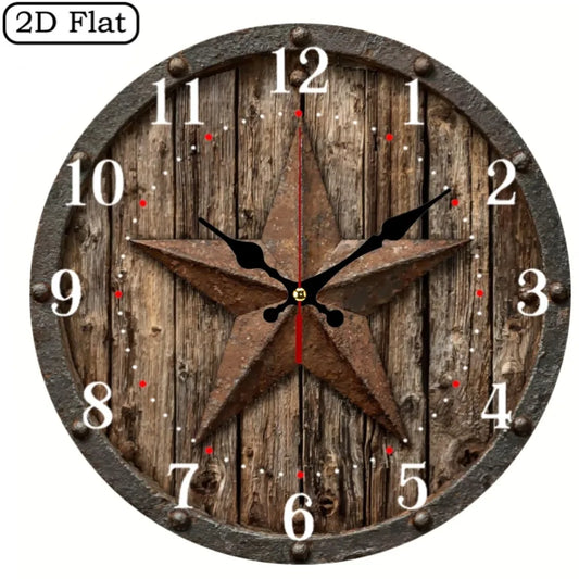 2D Flat, 1pc Vintage Western Rustic Brown Star Design Artistic Wooden Wall Clock 10 Inch, Silent Quartz Round Decorative, Batter