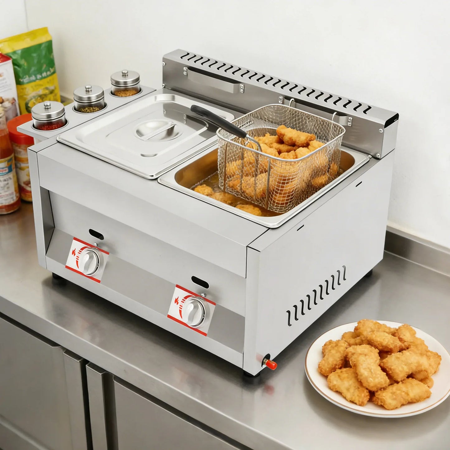 Gas Deep Fryer with Basket and Lid, Silver Commercial Deep Fryer, Stainless Steel Dual Tank Kitchen Deep Fryer 6L/6.34Qt