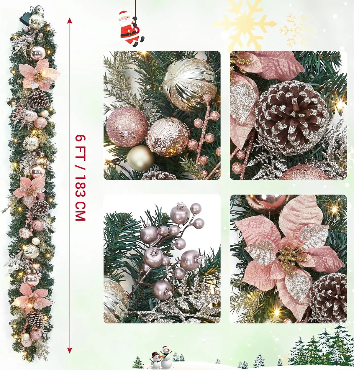 Tacleekii Prelit Christmas Garland With Ornaments