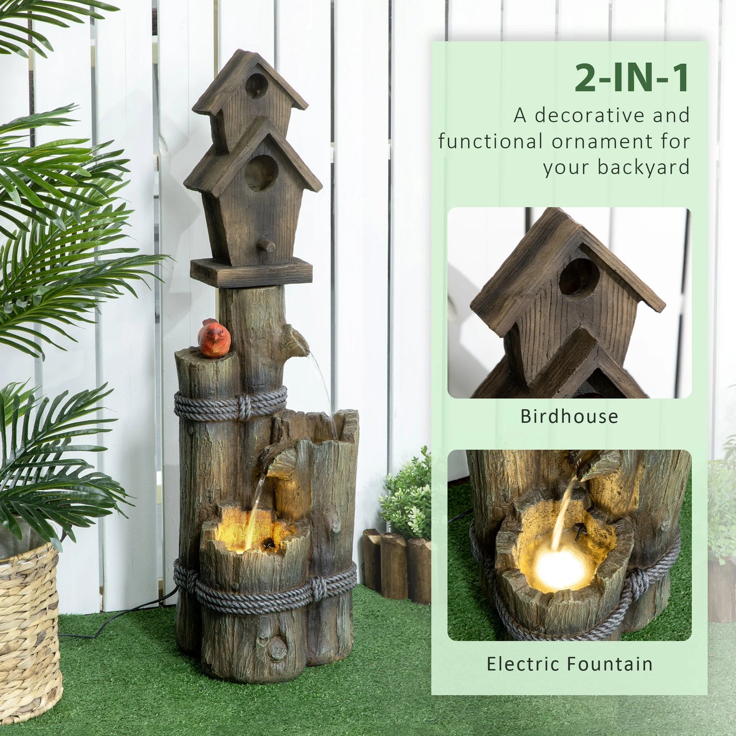 Tree Trunk Outdoor Fountain With Birdhouse