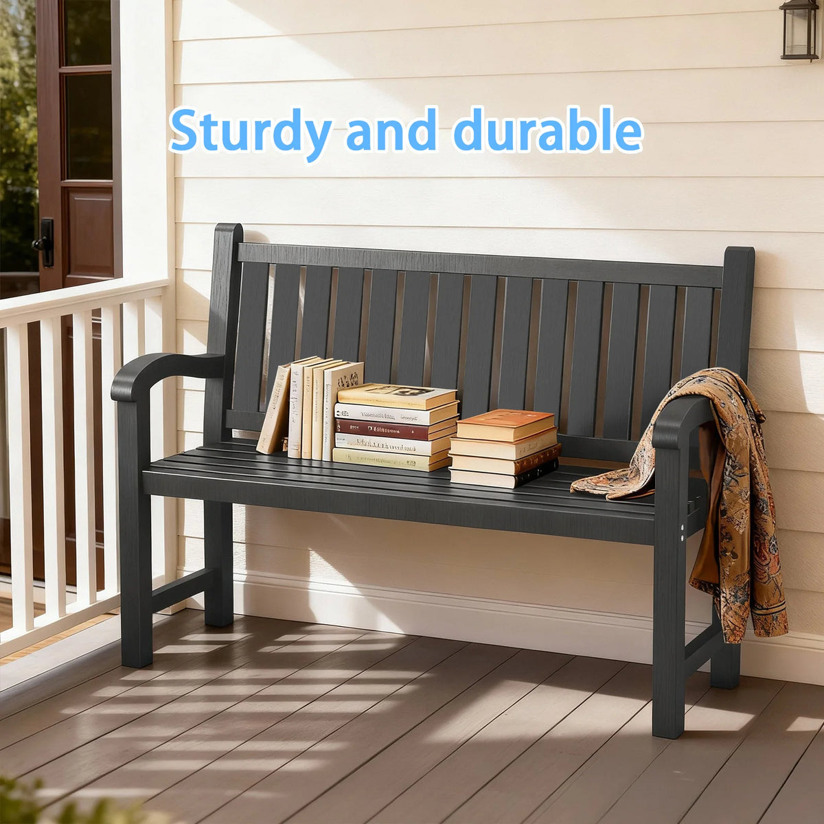 Weather Resistant Outdoor Plastic Patio Bench With Armrests