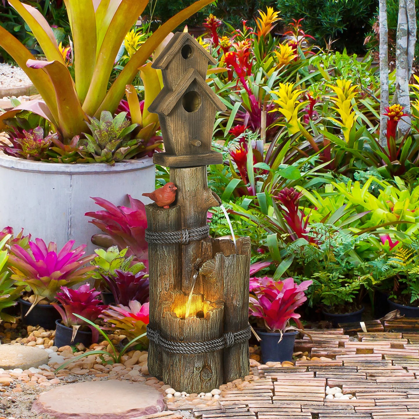 Tree Trunk Outdoor Fountain With Birdhouse