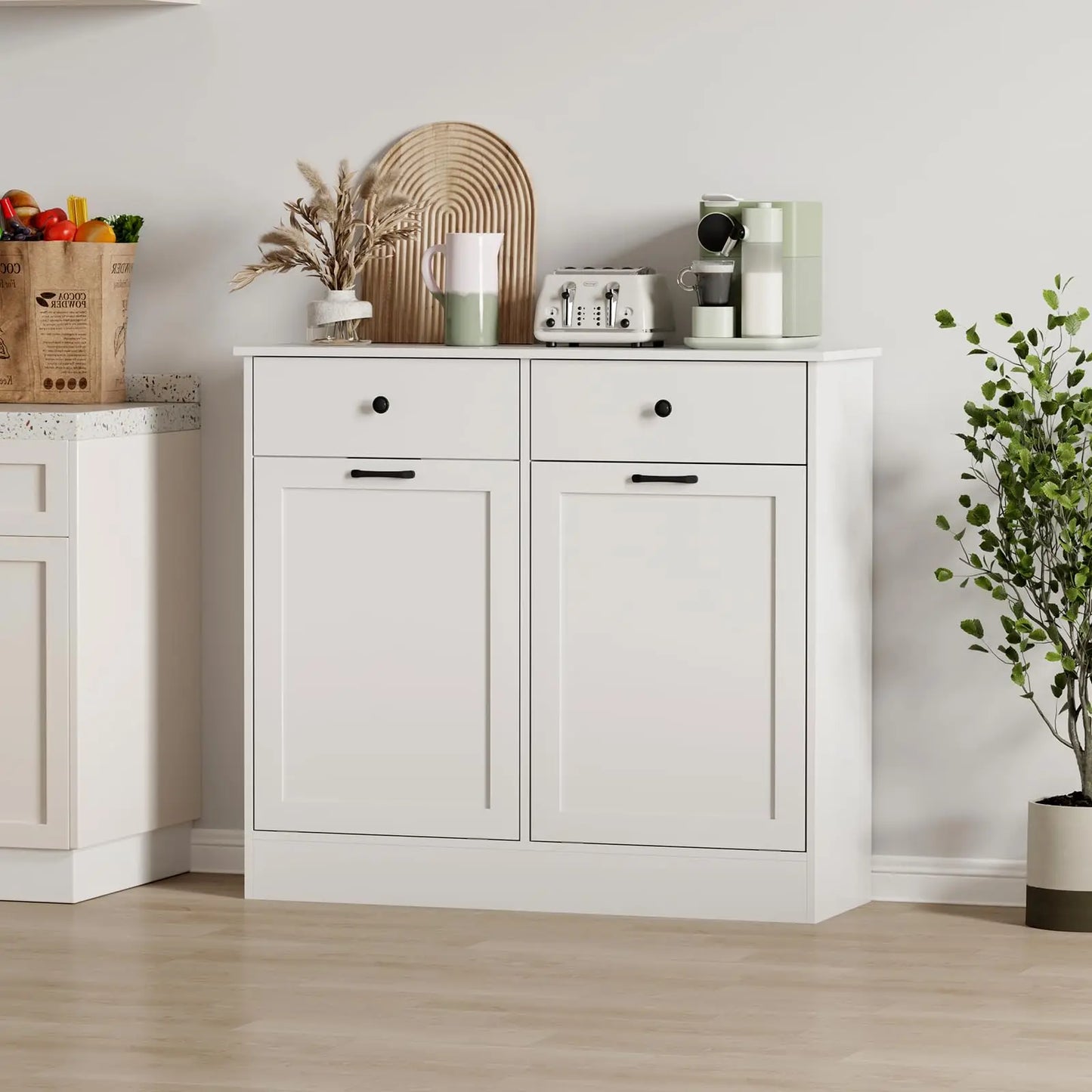 20 Gallon Double Tilt Out Trash Can Cabinet, Wooden Hidden Garbage Bin Cabinet with Deodorizer Function & Drawer, Pet-Proof Laundry Hamper Cabinet, White, No Pattern