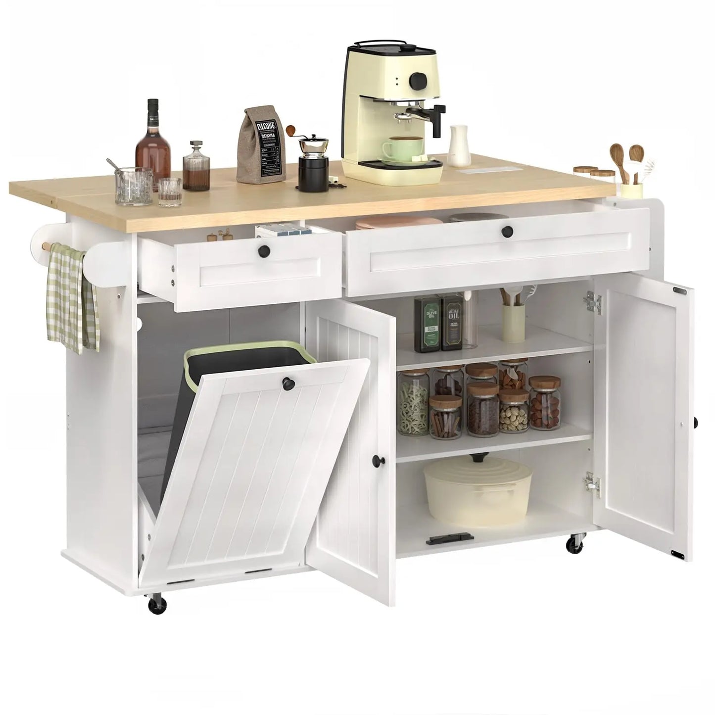 60" Mobile Kitchen rolling Island. Table Drop Leaf Cart with Power Outlet, Spice & Towel Rack.  Plus trash bin.