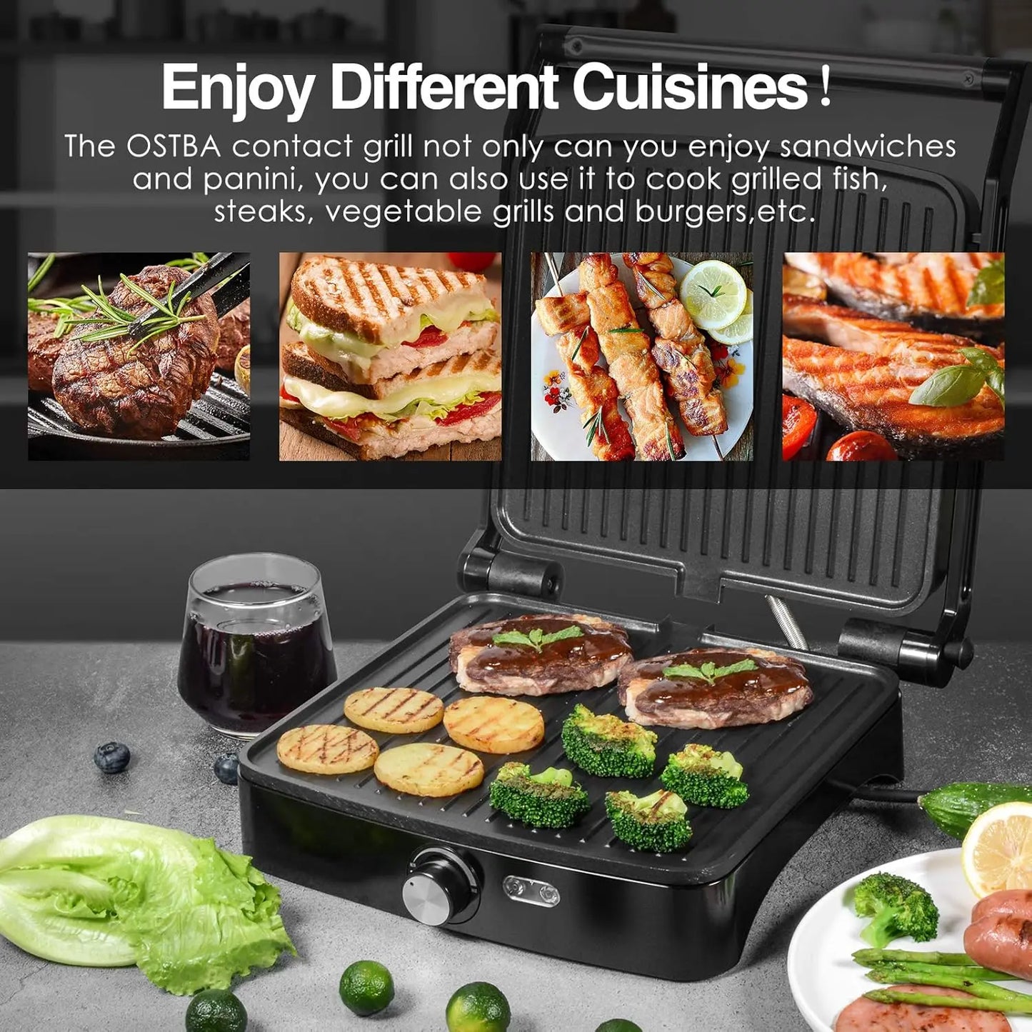 Ostba 1200W Panini Press Grill With Adjustable Temp