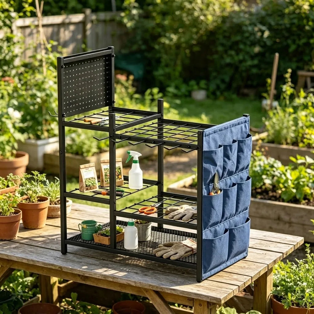 2 Pack Garden Tool Storage Organizer, Heavy Duty Black Metal Garage Tool Rack Set, Freestanding Yard Long Handle Tool Holder with Side Blue Storage Bags & Perforated Pegboard Utility Organizer for Lawn Shovel Rake Power Hand
