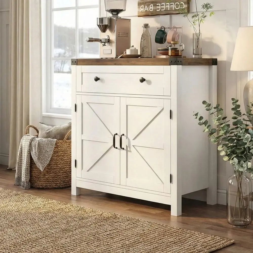 Barn Door Accent Cabinet With Drawer And Adjustable Shelves