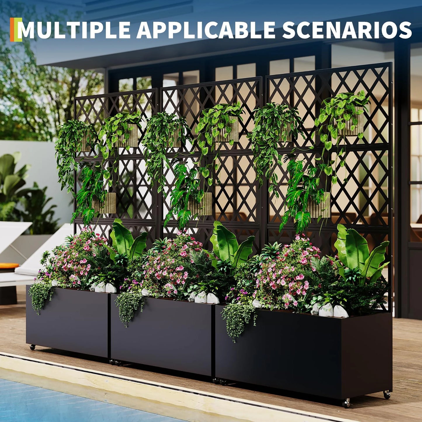 Galvanized Steel Raised Garden Bed With Trellis Privacy Screen, Locking Wheels & Drainage, Rolling Planter For Patio Deck Yard