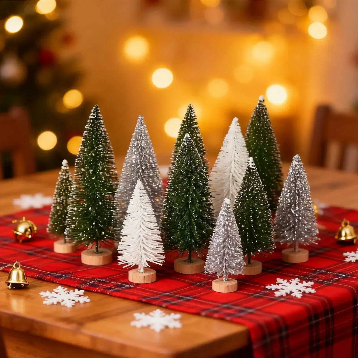 Artificial Christmas Bottle Brush Trees With Wooden Base